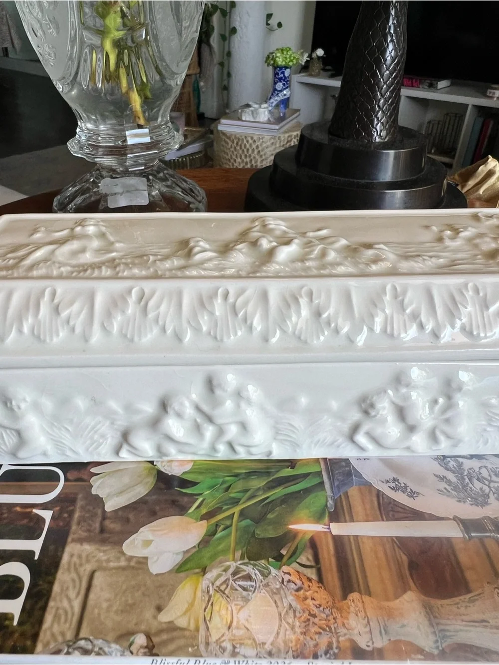 Vintage White Ceramic Cherub Box Relief Scene Jewelry Trinket Box With Lid